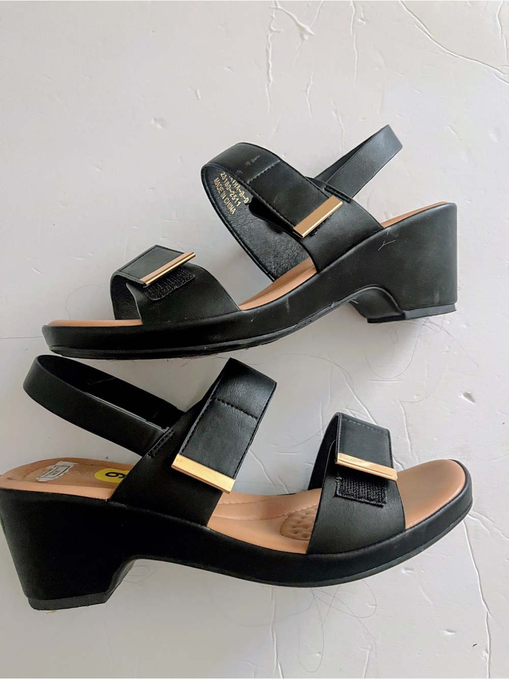 Women Black Double Buckle Velcro Wedge Shoes with Gold Accent